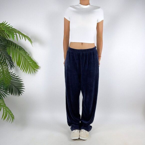 Vintage Y2K Navy Velour Sporty Low Rise Casual Baggy Lounge Track Pants / Medium - Picture 4 of 7